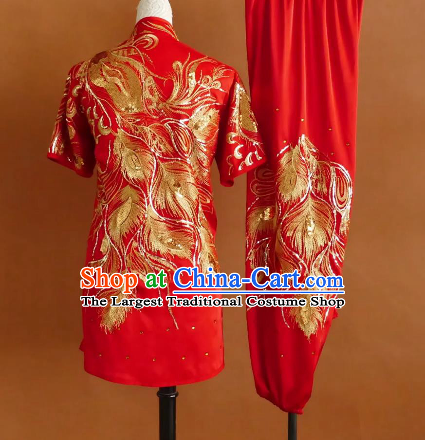 Professional Kung Fu Training Uniform Glitter Embroidery Martial Arts Red Suit Wushu Changquan Competition Costume