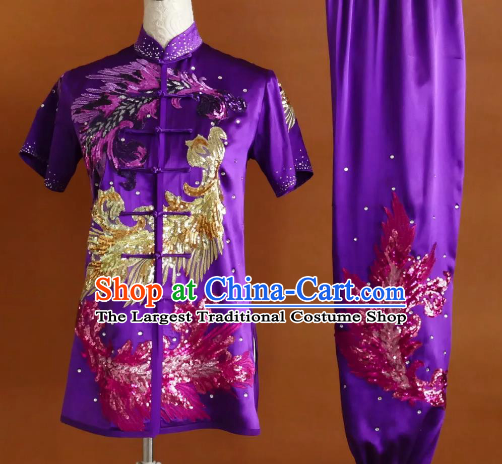 Glitter Embroidery Martial Arts Purple Suit Professional Wushu Changquan Competition Costume Kung Fu Training Uniform