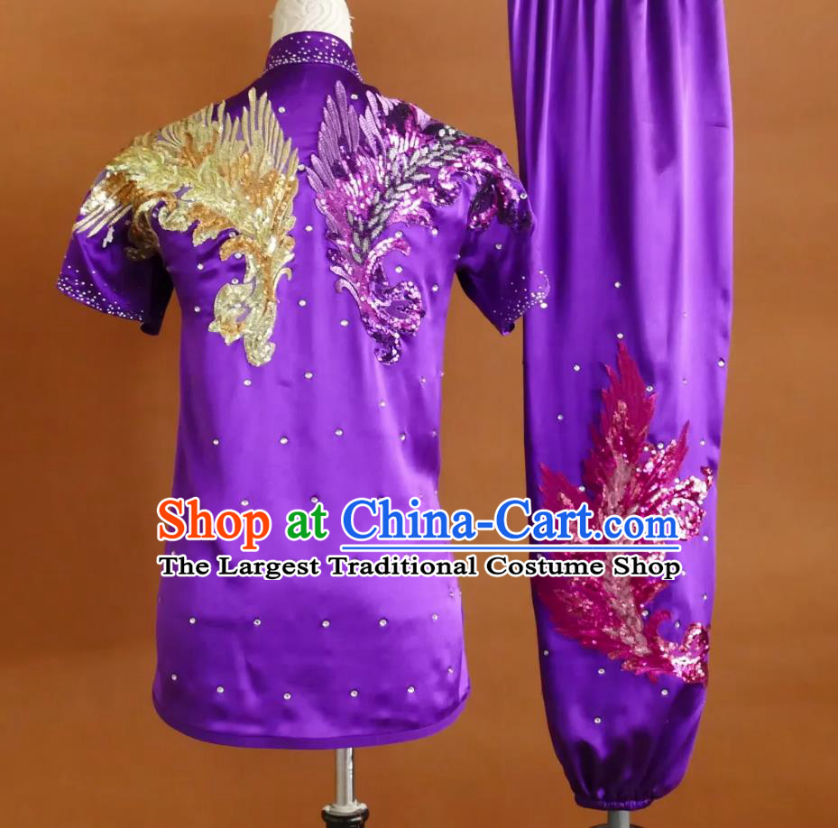 Glitter Embroidery Martial Arts Purple Suit Professional Wushu Changquan Competition Costume Kung Fu Training Uniform