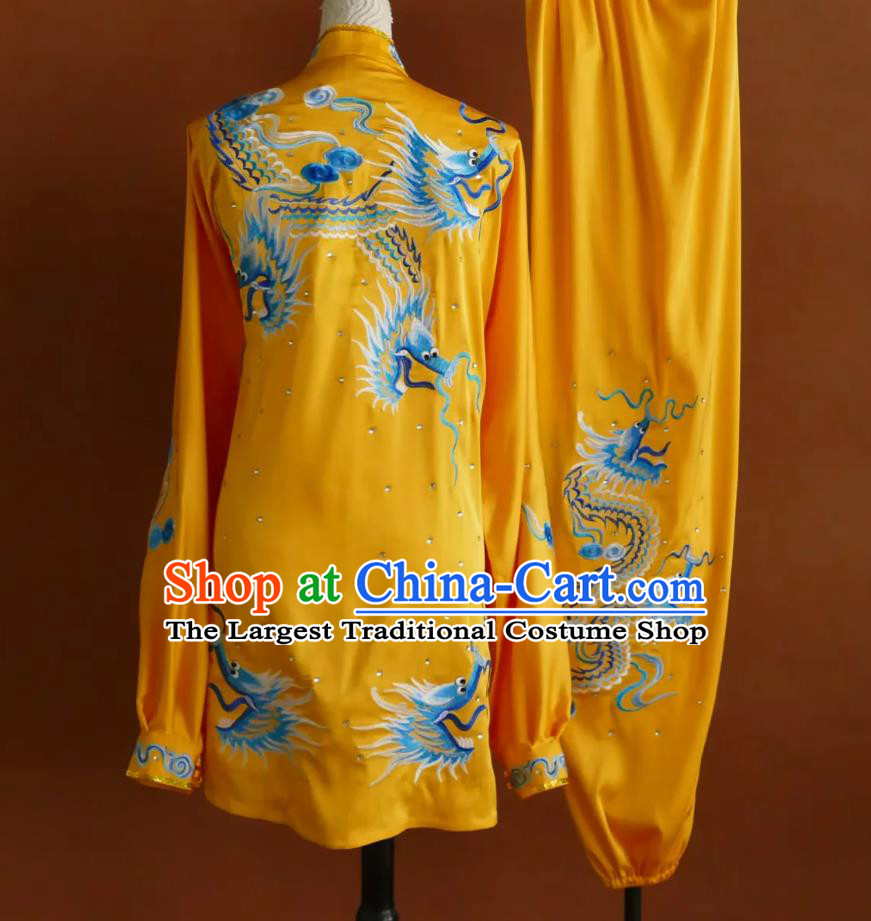 Dragon Embroidered Martial Arts Costume Tai Chi Performance Uniform Kung Fu Taiji Yellow Outfit