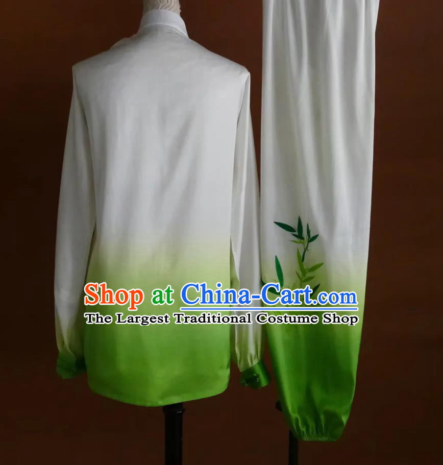 Tai Chi Performance Gradient White to Green Uniform Kung Fu Taiji Outfit Bamboo Embroidered Martial Arts Costume