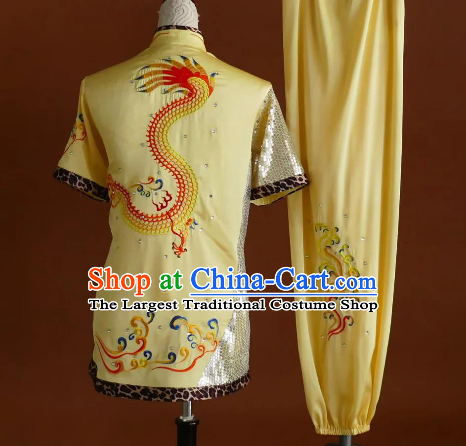 Dragon Embroidered Martial Arts Costume Wushu Performance Yellow Uniform Kung Fu Competition Leopard Outfit
