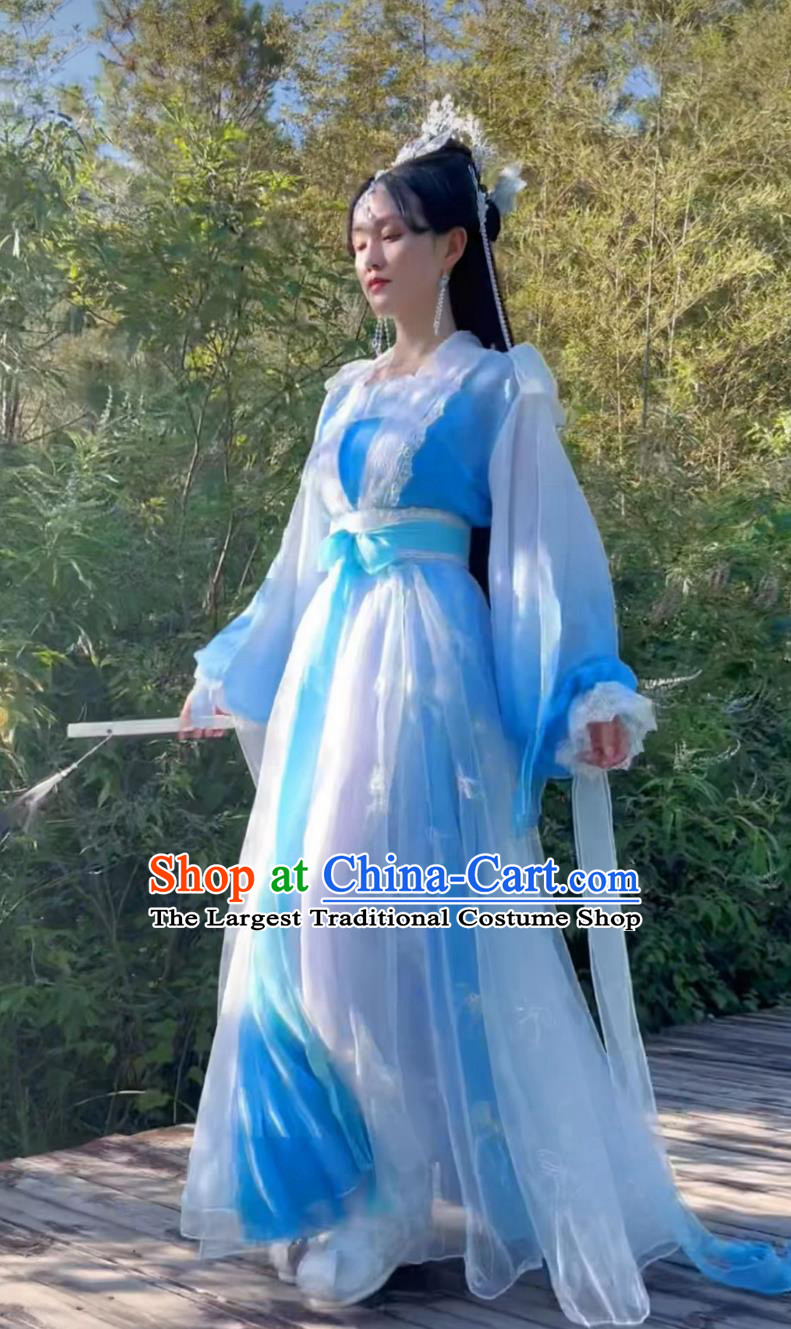 Ancient Chinese Fairy Clothing Traditional Hanfu Gradient Blue Dress
