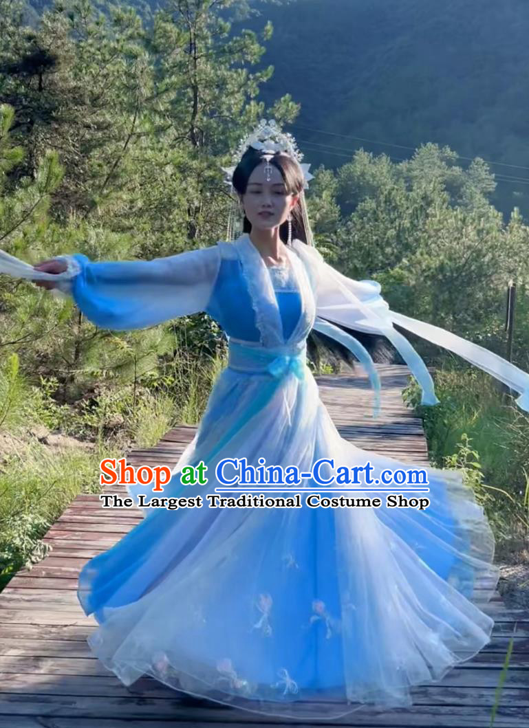 Ancient Chinese Fairy Clothing Traditional Hanfu Gradient Blue Dress