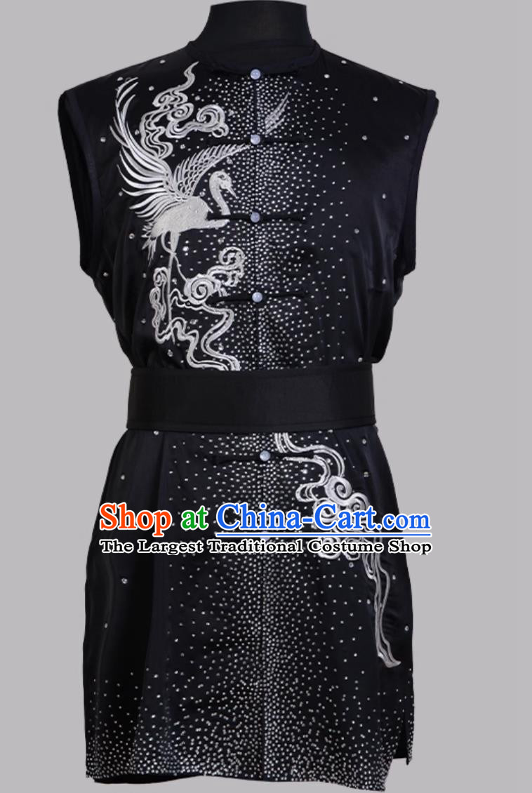 Nanquan Auspicious Clouds Costume Black Crystal Rhinestone Chinese Kung Fu Training Suit Wushu Clothing
