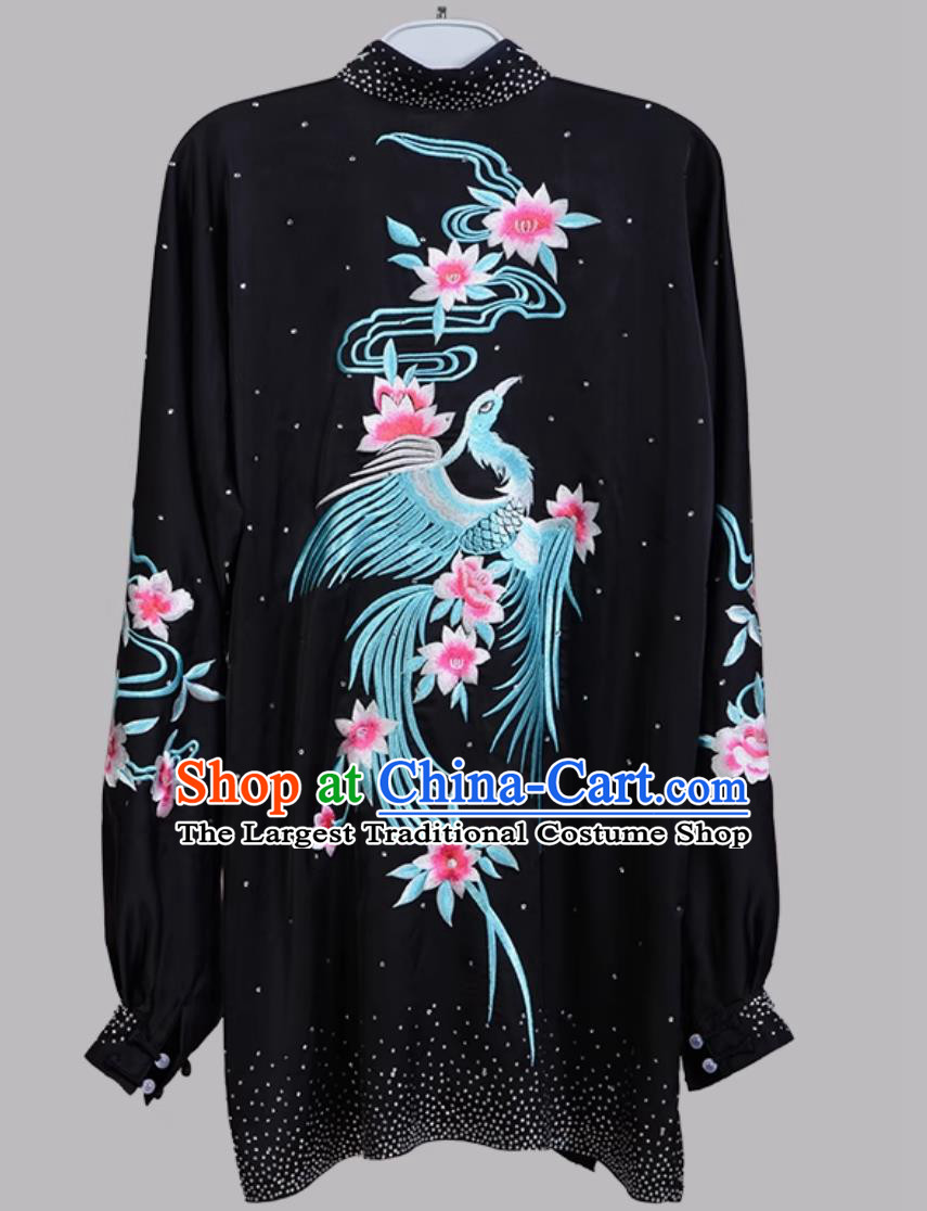 Embroidered Crystal Rhinestone Chinese Kung Fu Performance Outfit Wushu Competition Uniform Martial Arts Training Black Suit