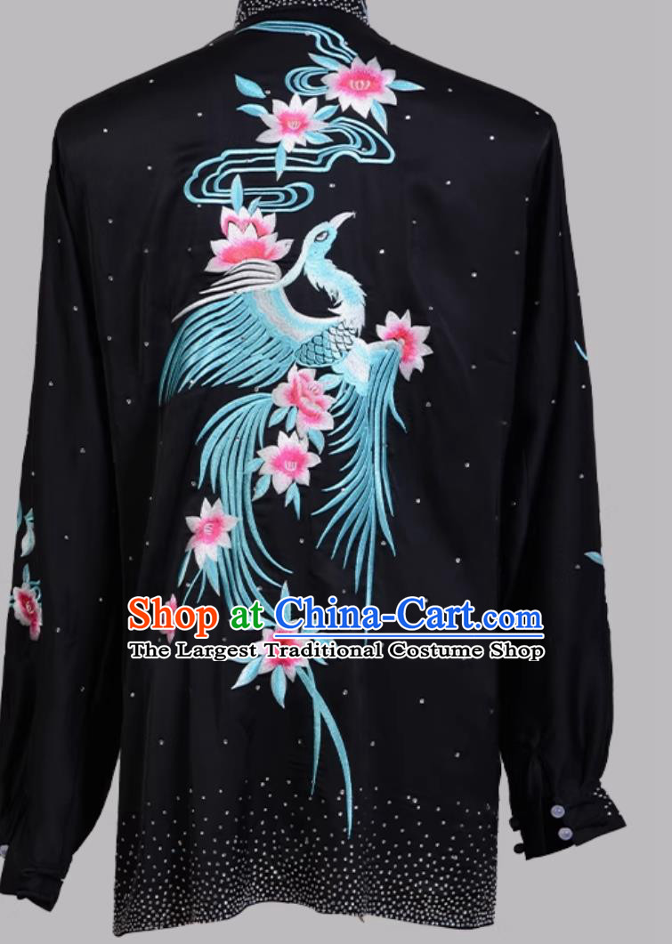 Embroidered Crystal Rhinestone Chinese Kung Fu Performance Outfit Wushu Competition Uniform Martial Arts Training Black Suit