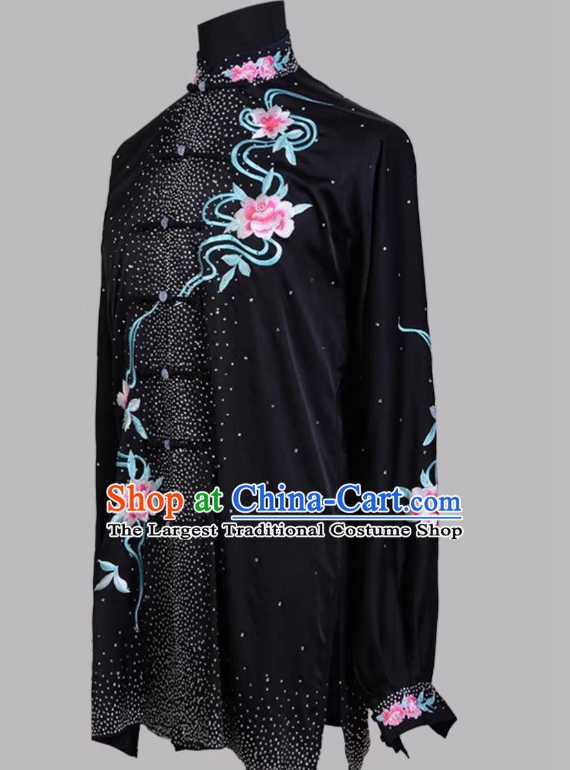 Embroidered Crystal Rhinestone Chinese Kung Fu Performance Outfit Wushu Competition Uniform Martial Arts Training Black Suit