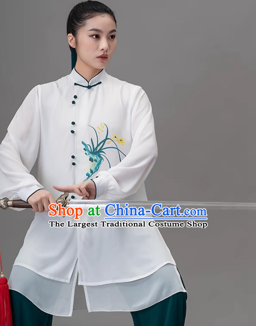 Hand Painted Orchid Tai Chi Suit Kung Fu Training Performance Outfit Qigong Martial Arts Group Uniform