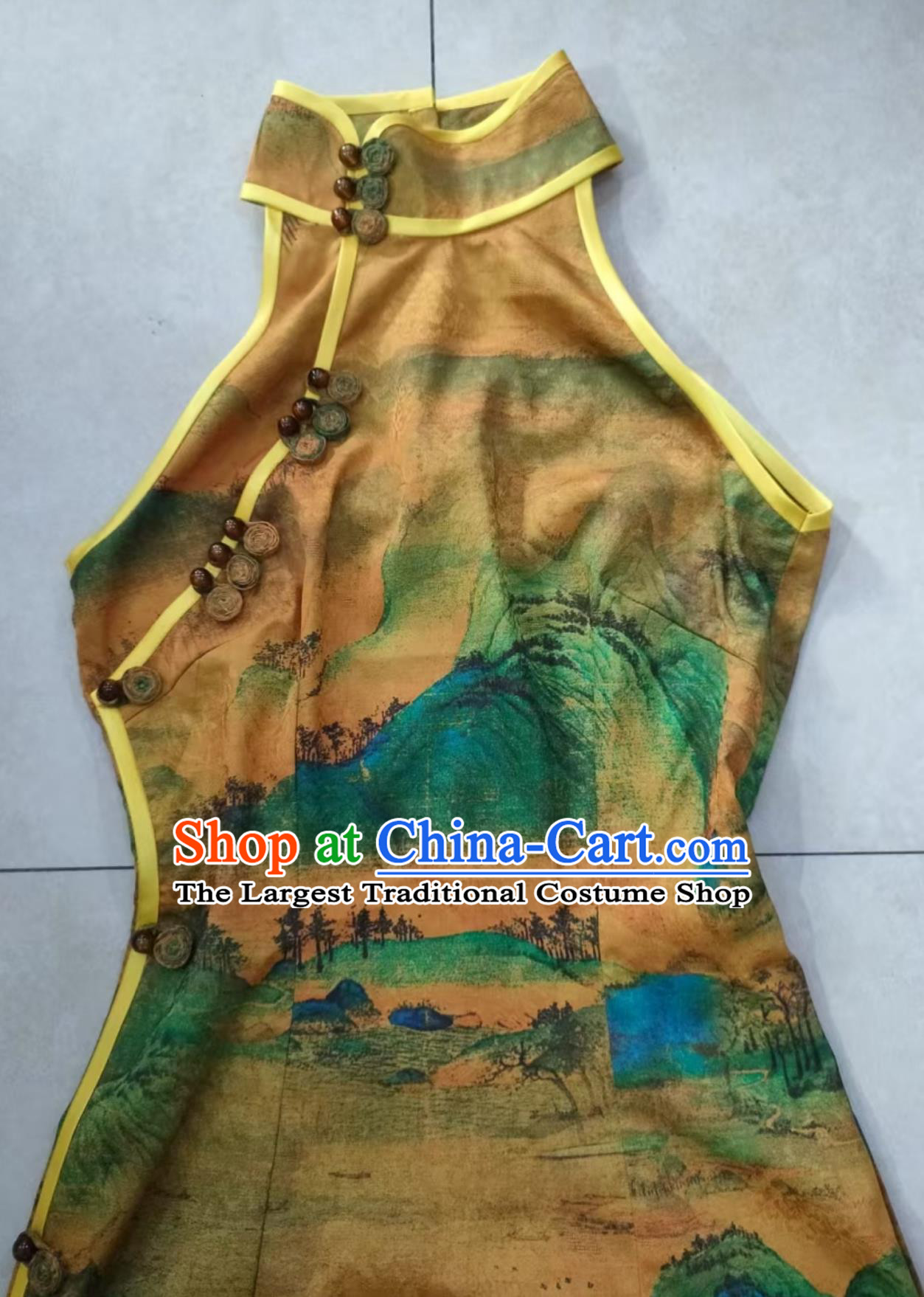 Custom kg Chinese Style A Thousand Miles Of Golden Mountains Spaghetti Strap Sleeveless Qipao Round Neckline Handmade Frog Buttons Cheongsam