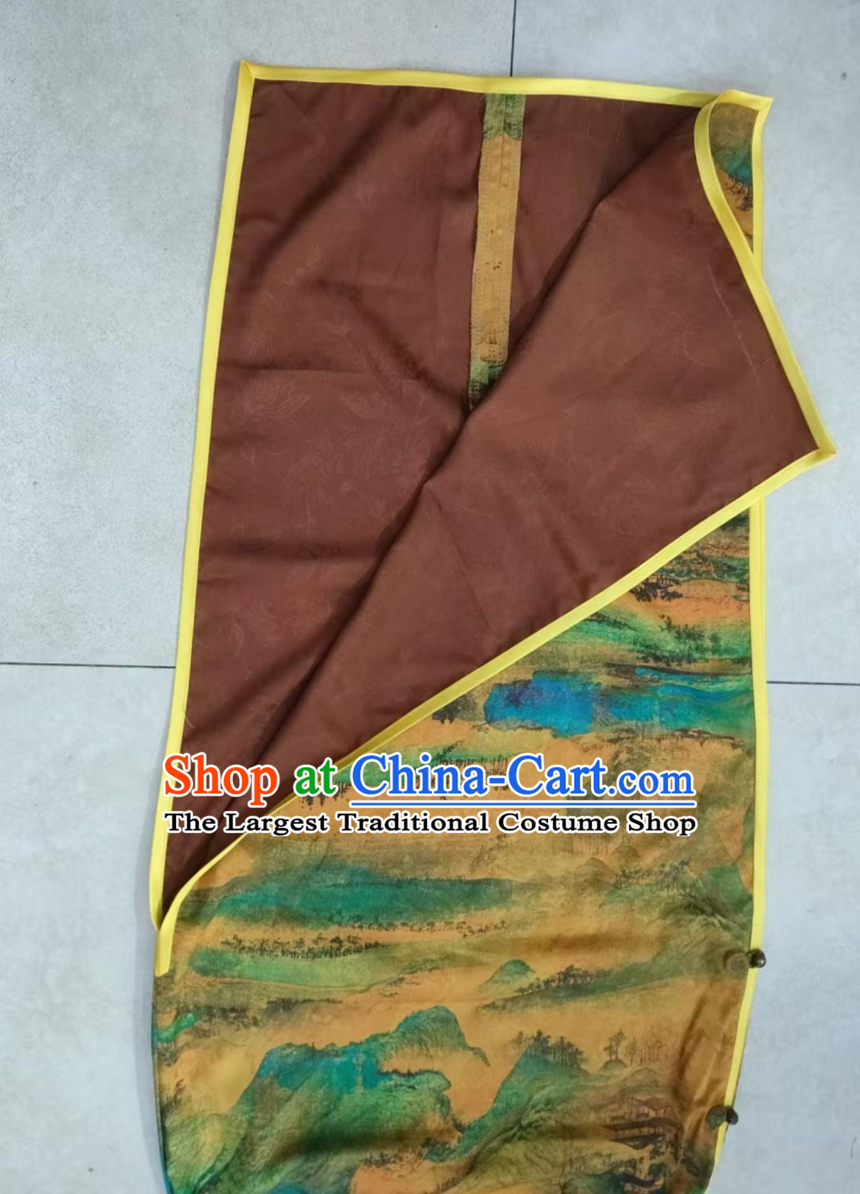 Custom kg Chinese Style A Thousand Miles Of Golden Mountains Spaghetti Strap Sleeveless Qipao Round Neckline Handmade Frog Buttons Cheongsam