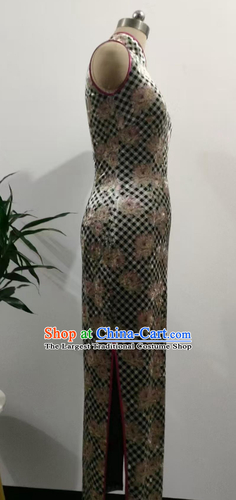 Custom kg Wearable Velvet Qipao Chinese Style Vintage Sleeveless Hong Kong Dress