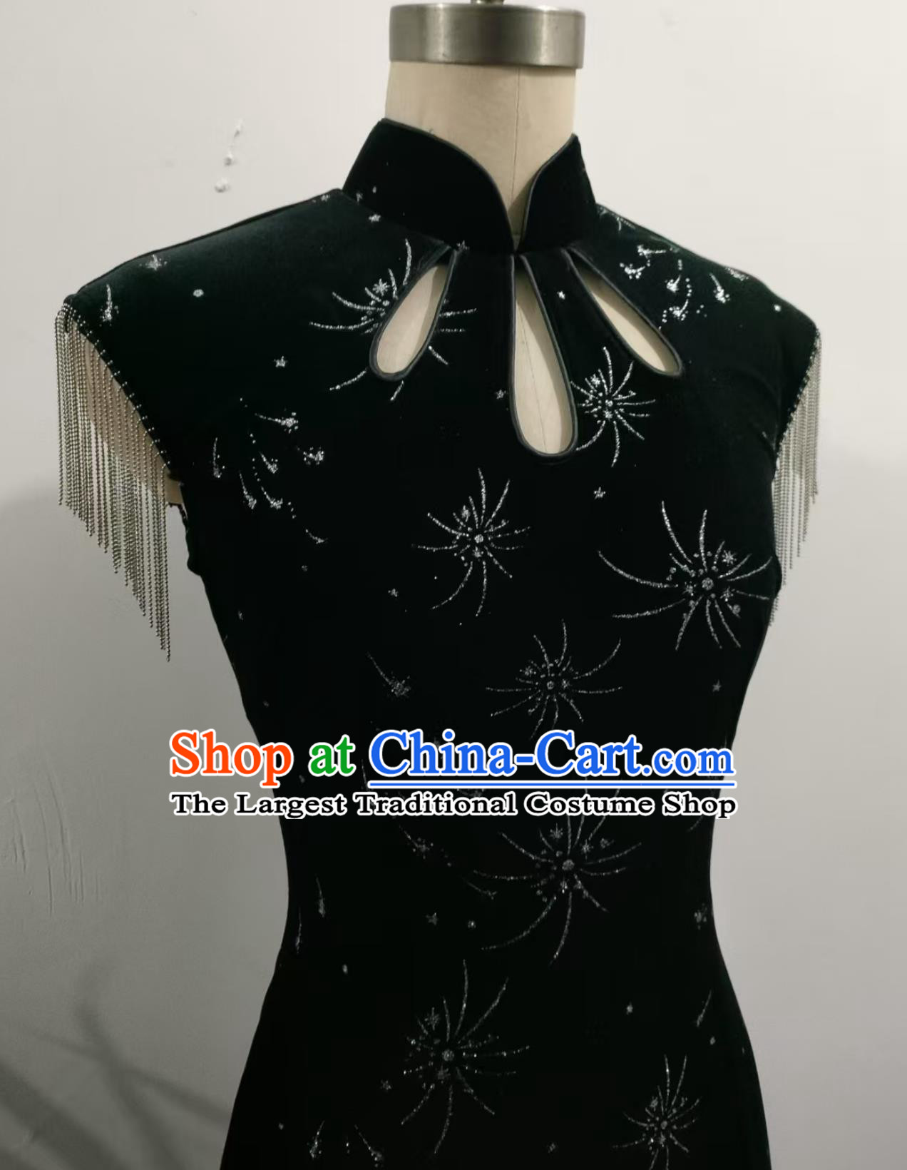 Custom kg Wearable Black Firework Velvet Qipao Chinese Style Vintage Hollow Out Fringe Cheongsam Dress