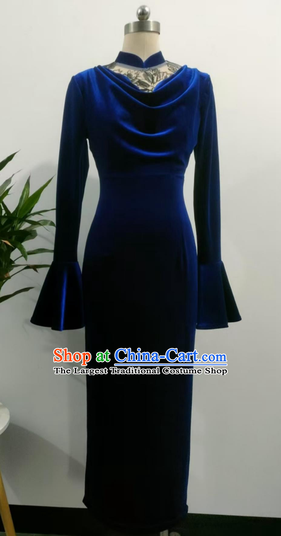 Plus Size 150kg Navy Blue Velvet Retro Dress with Lotus Sleeves for Banquet Toast Occasions