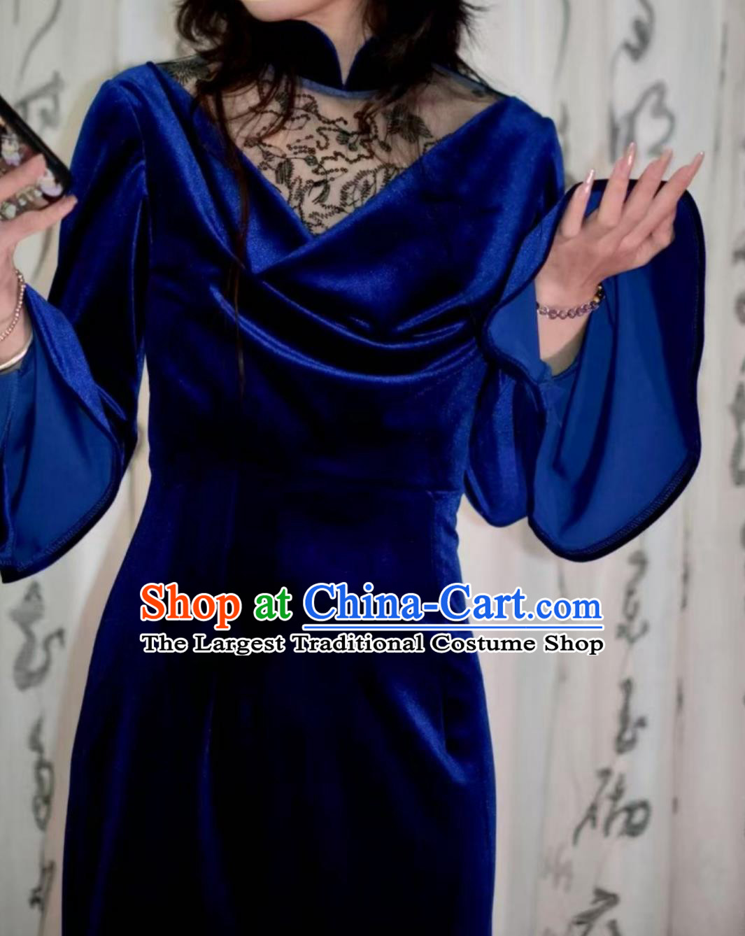 Plus Size kg Navy Blue Velvet Retro Dress with Lotus Sleeves for Banquet Toast Occasions