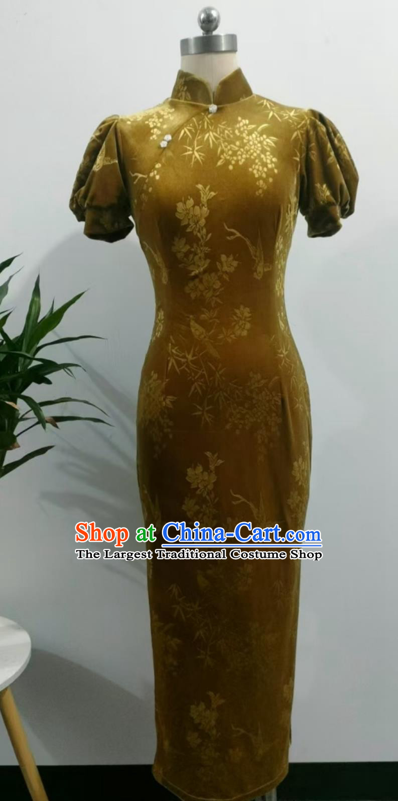 Plus Size 150kg Vintage Lantern Sleeve Qipao Dress Chinese Style Long Gold Bamboo Cheongsam for Daily Wear