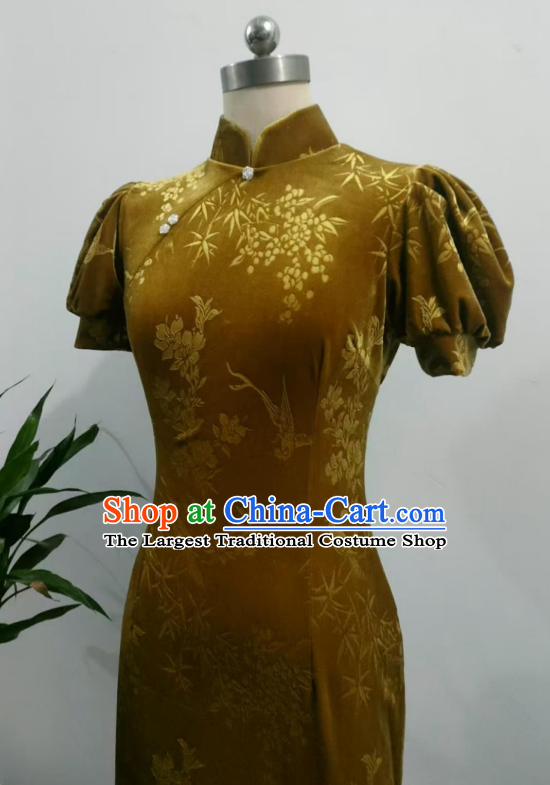 Plus Size kg Vintage Lantern Sleeve Qipao Dress Chinese Style Long Gold Bamboo Cheongsam for Daily Wear