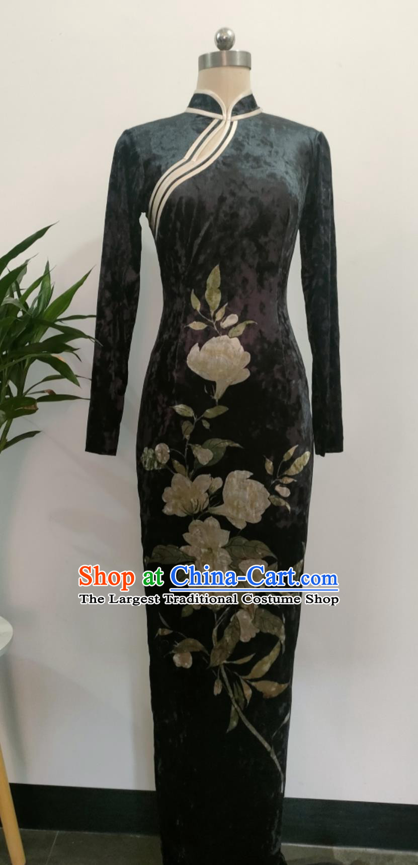 Plus Size 150kg Autumn Winter Velvet Qipao Young Style Vintage Slim Fit Long Sleeve Dress