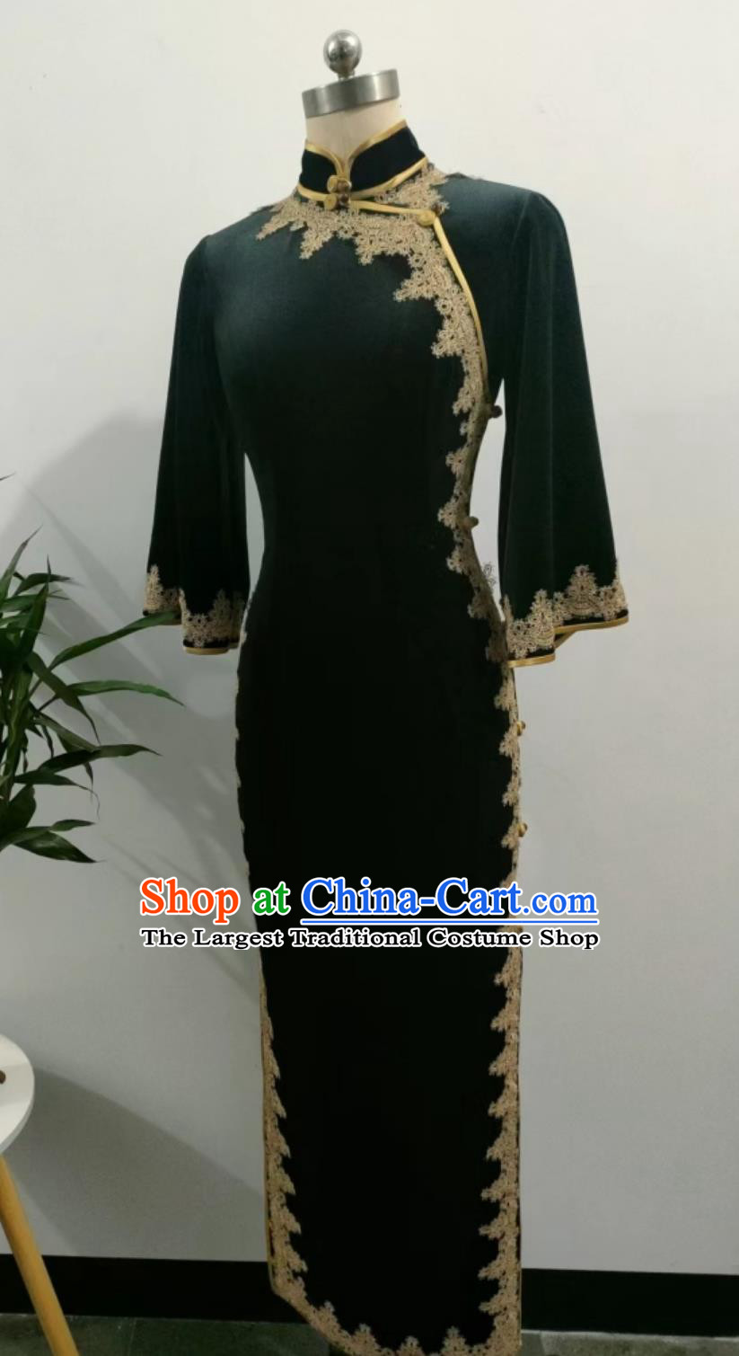 Plus Size kg Long Black Flared Sleeve Velvet Qipao Chinese Slim Fit Dress