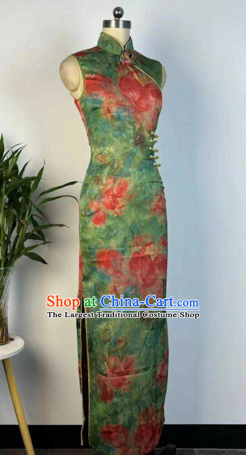 Plus Size 150kg Sleeveless Thread Inlay Chinese Style Gradient Floral Cheongsam Pipa Collar Mid Length Qipao Dress