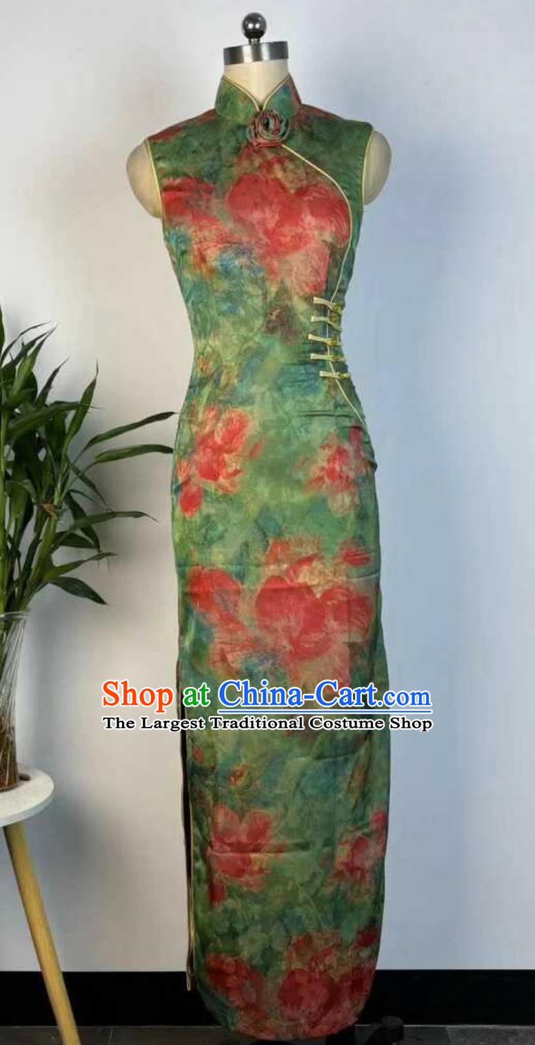 Plus Size kg Sleeveless Thread Inlay Chinese Style Gradient Floral Cheongsam Pipa Collar Mid Length Qipao Dress