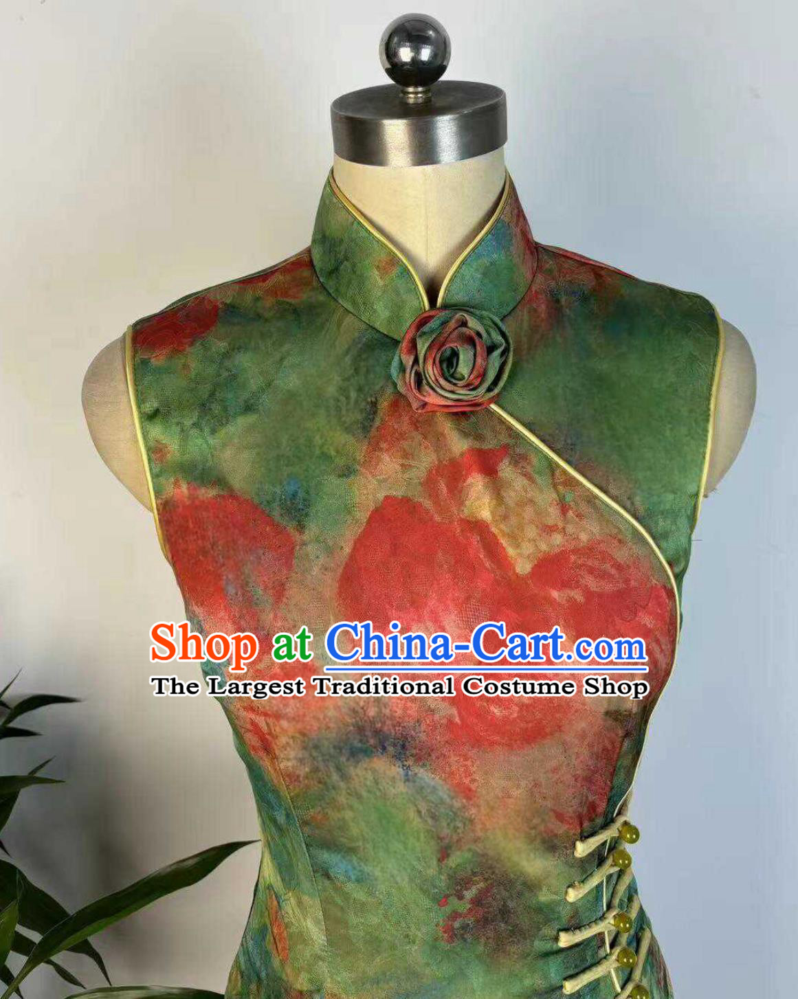 Plus Size kg Sleeveless Thread Inlay Chinese Style Gradient Floral Cheongsam Pipa Collar Mid Length Qipao Dress