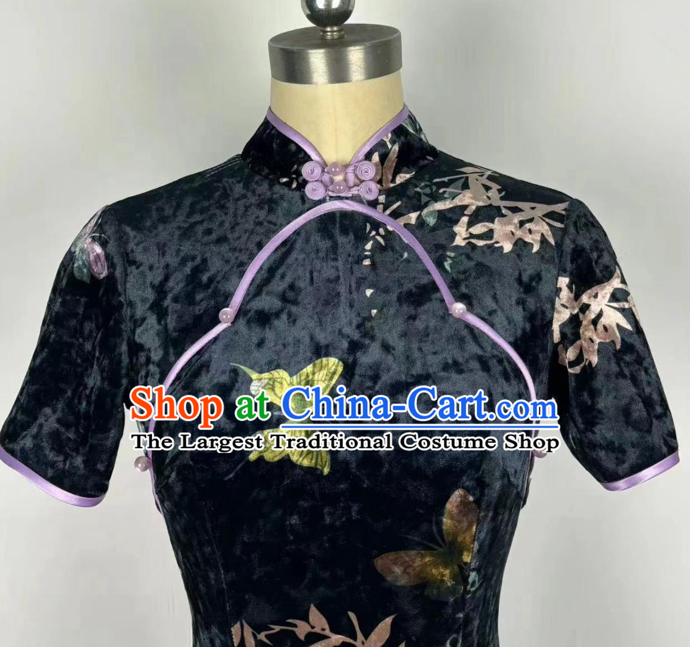 Plus Size kg Lucky Bamboo Butterfly Meiling Collar Short Sleeve Qipao Chinese Style Slim Fit Dress