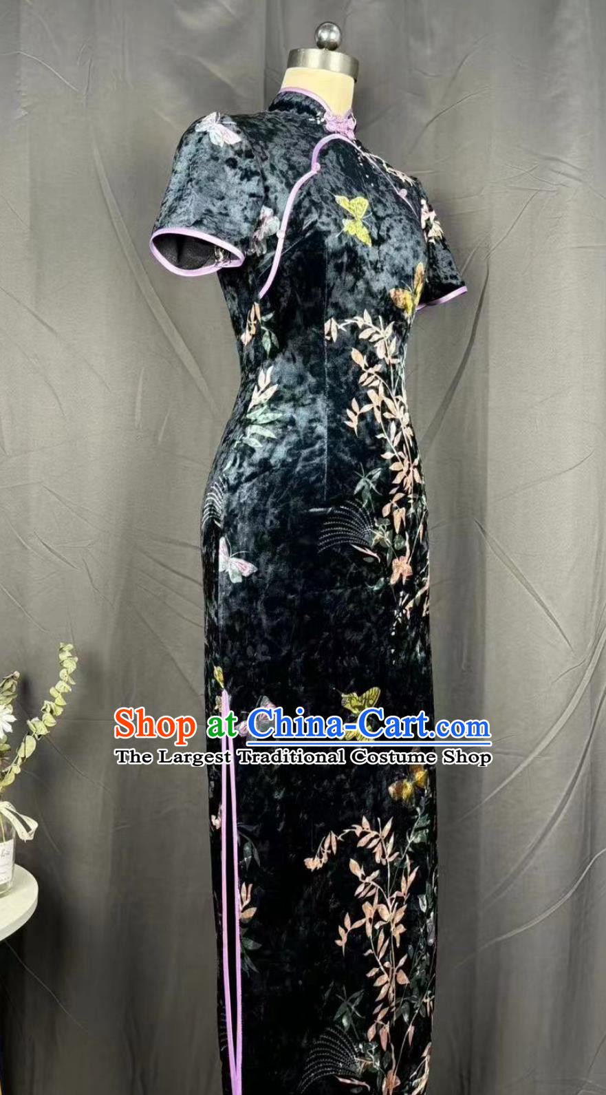 Plus Size kg Lucky Bamboo Butterfly Meiling Collar Short Sleeve Qipao Chinese Style Slim Fit Dress