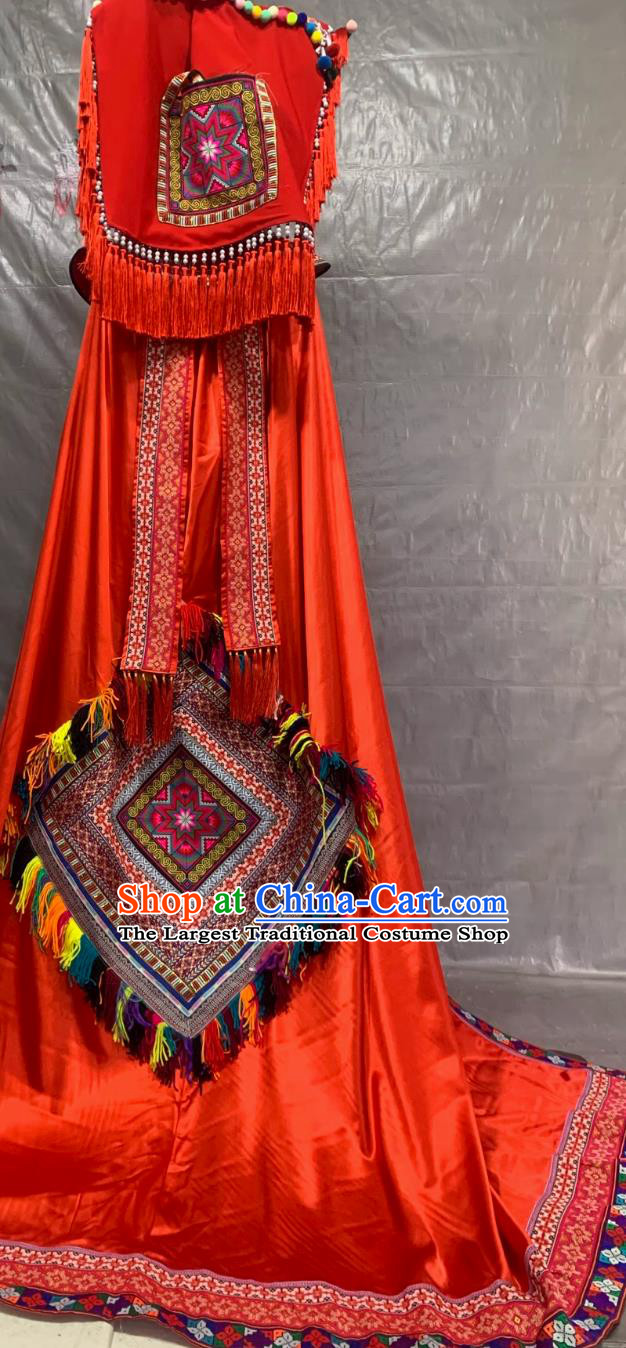 Yao Ethnic Costume Chinese Women Minority Dance Performance Red Dress Outfit Guangxi Traditional Clothing