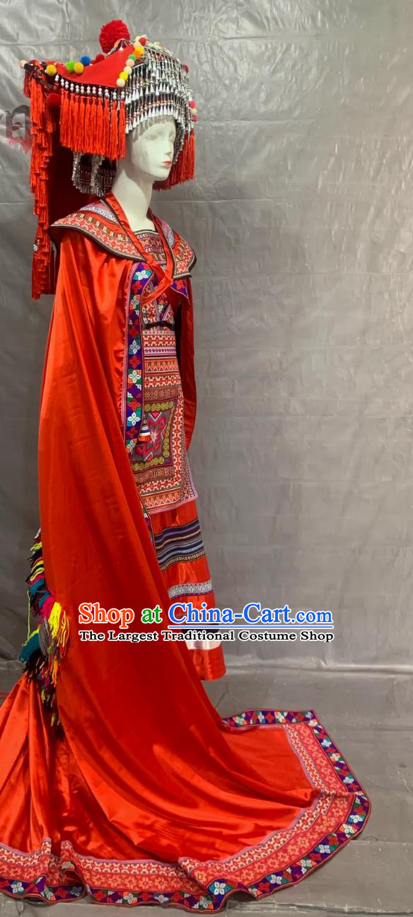 Yao Ethnic Costume Chinese Women Minority Dance Performance Red Dress Outfit Guangxi Traditional Clothing