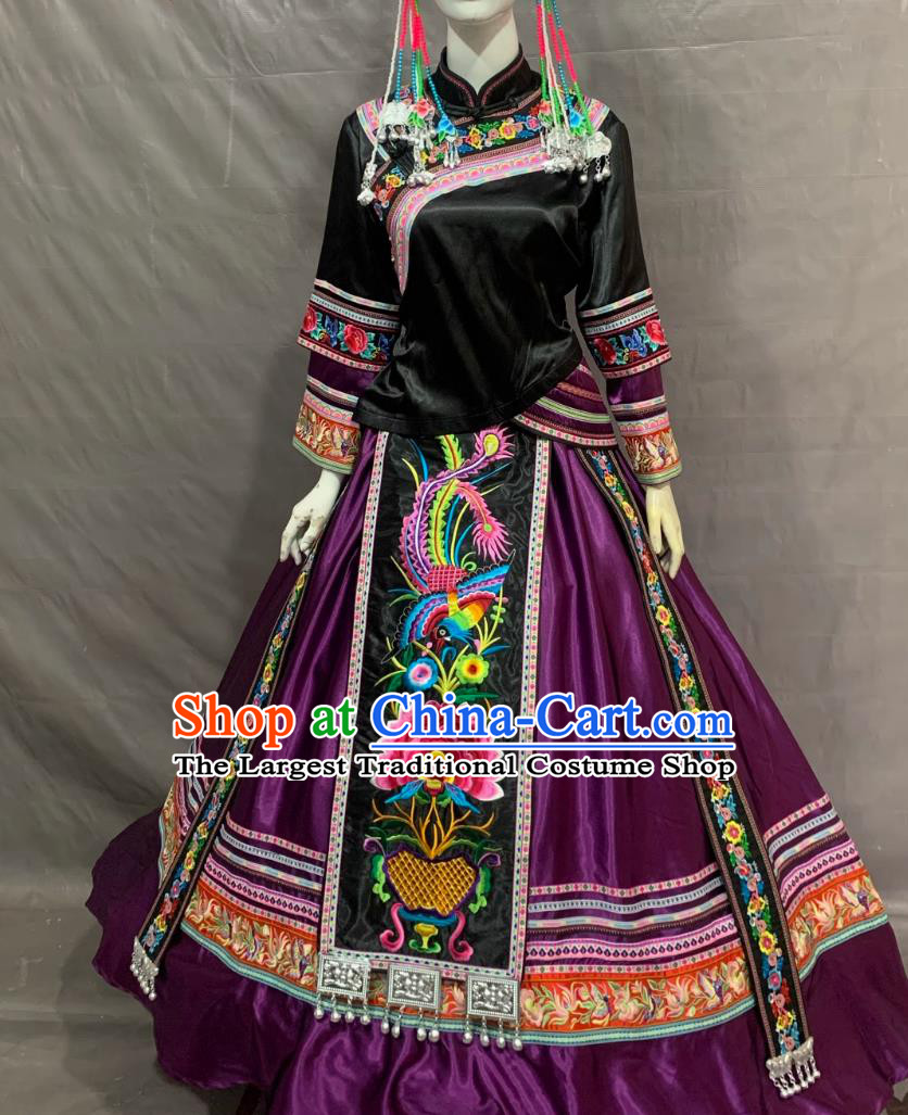 She Ethnic Costume Women Long Dress Chinese Performance Wear Embroidered  Ethnic Minority Purple Outfit