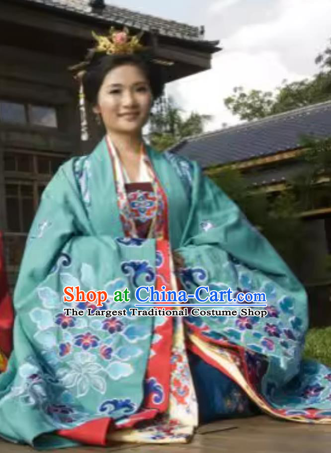 Chinese Traditional Wedding Clothing Ancient Tang Dynasty Bride Embroidered Blue Dress