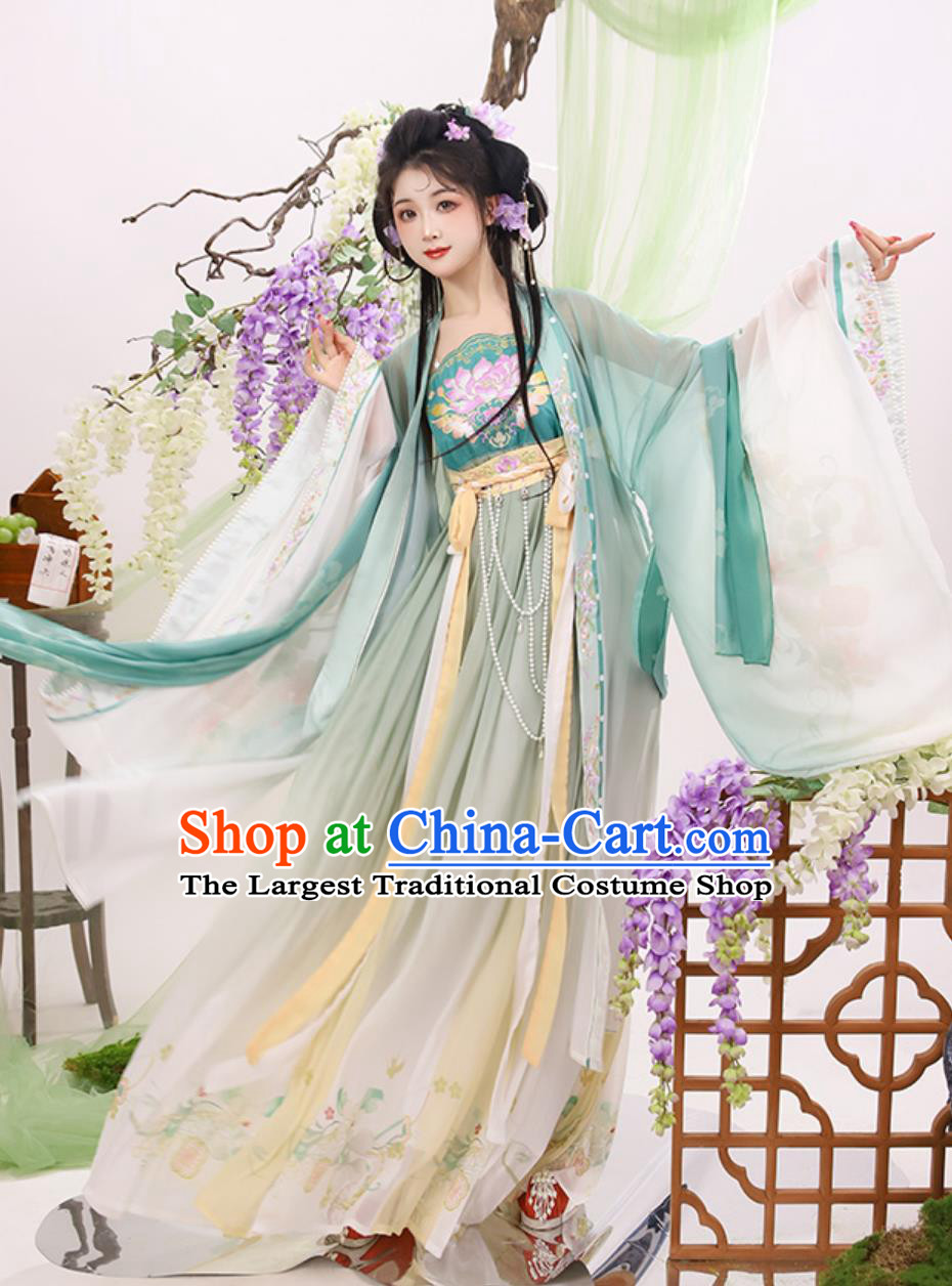 Chinese Hanfu Women Embroidered Tang Dynasty Hezi Qun Ruqun Wide Sleeve Dress Outfit Set