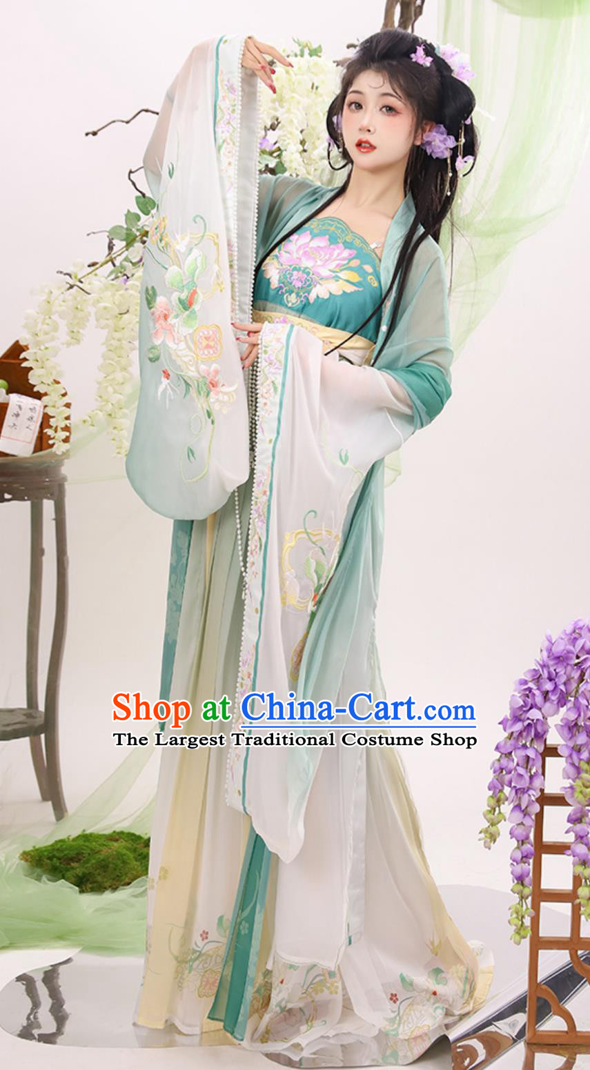 Chinese Hanfu Women Embroidered Tang Dynasty Hezi Qun Ruqun Wide Sleeve Dress Outfit Set