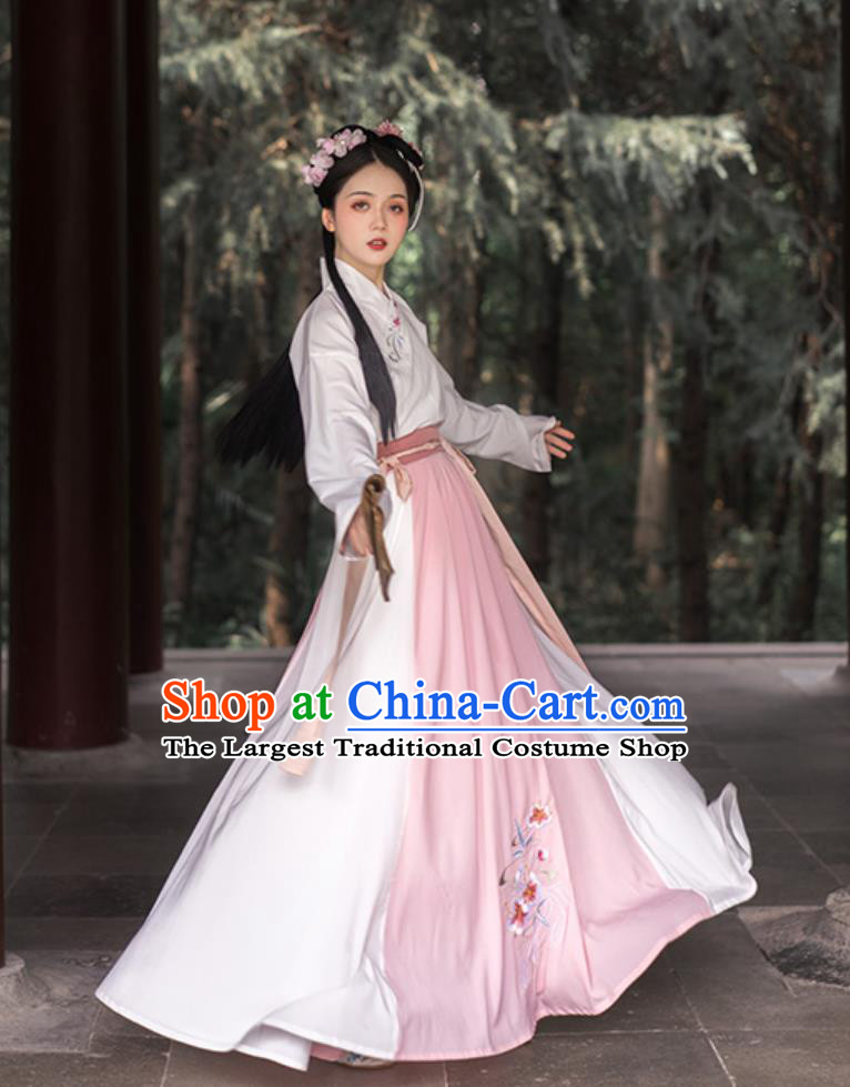 Chinese Ming Dynasty Clothing Traditional Hanfu Dress Embroidered White Shirt and Skirt Complete Set