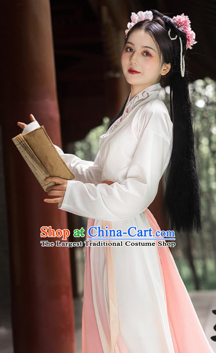 Chinese Ming Dynasty Clothing Traditional Hanfu Dress Embroidered White Shirt and Skirt Complete Set