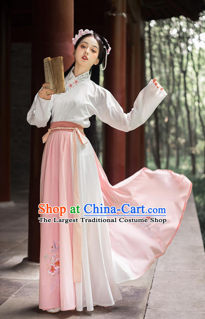 Chinese Ming Dynasty Clothing Traditional Hanfu Dress Embroidered White Shirt and Skirt Complete Set