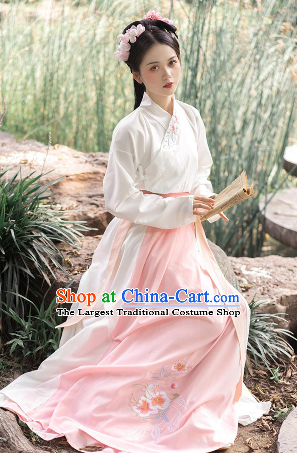 Chinese Ming Dynasty Clothing Traditional Hanfu Dress Embroidered White Shirt and Skirt Complete Set
