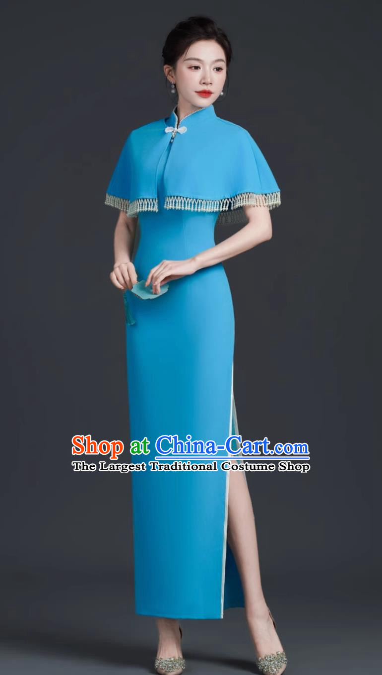 Light Blue Stage Performance Qipao Simple Slim Long Chinese Banquet Evening Gown