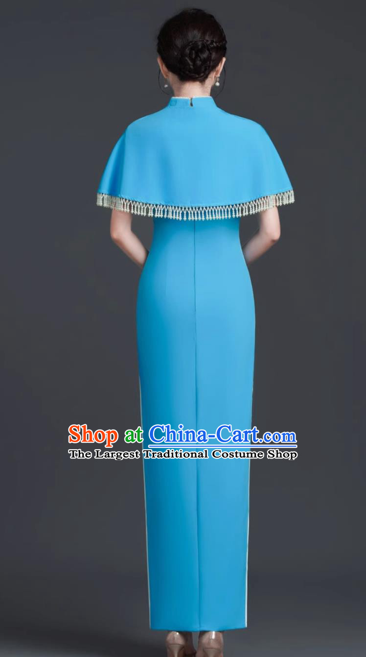 Light Blue Stage Performance Qipao Simple Slim Long Chinese Banquet Evening Gown