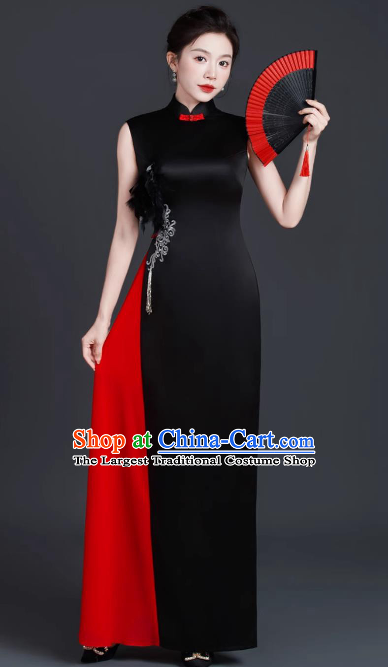 Black and Red Stage Performance Qipao Slim Fit Long Dress Chinese Style Banquet Evening Gown