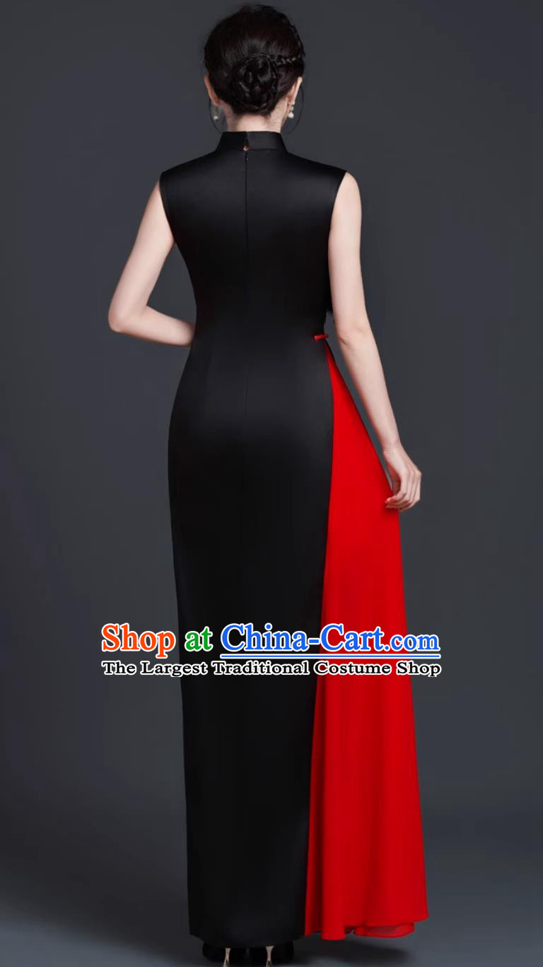 Black and Red Stage Performance Qipao Slim Fit Long Dress Chinese Style Banquet Evening Gown