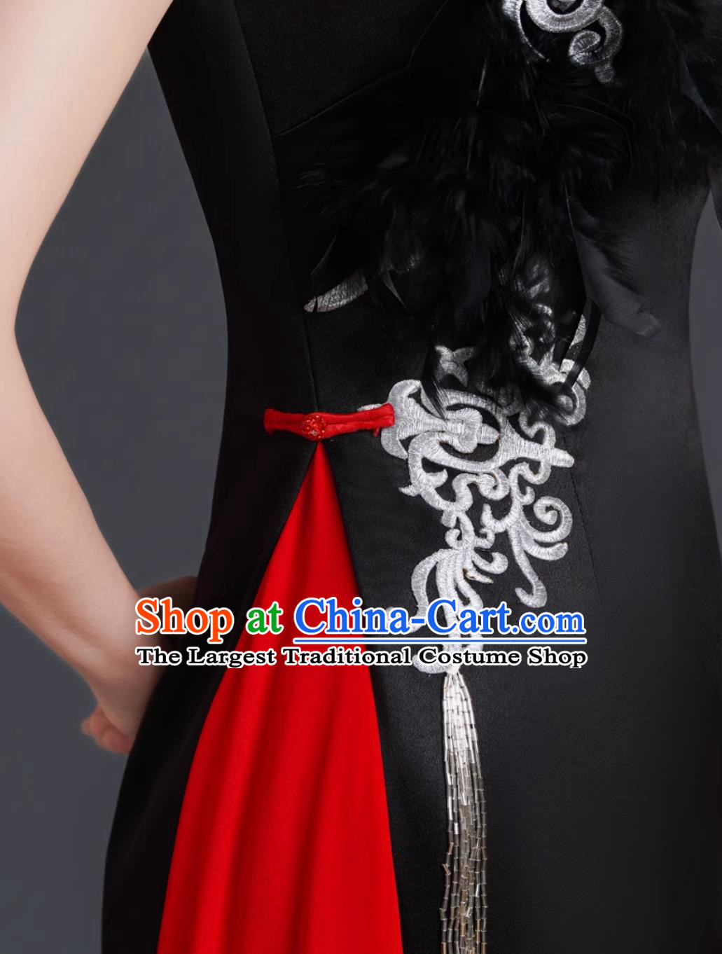 Black and Red Stage Performance Qipao Slim Fit Long Dress Chinese Style Banquet Evening Gown