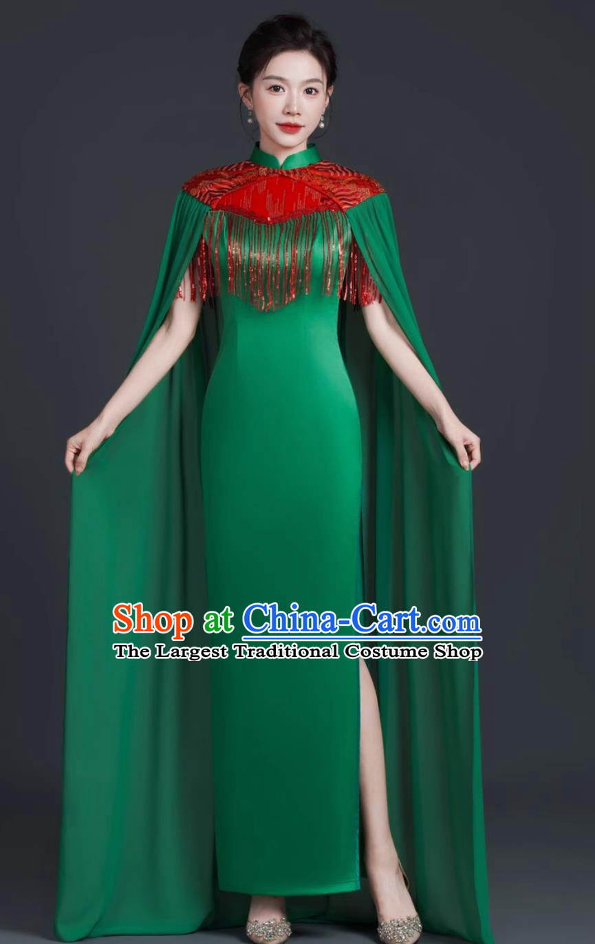 Chinese Style Banquet Evening Gown Stage Performance Qipao Green Long Cape Dress