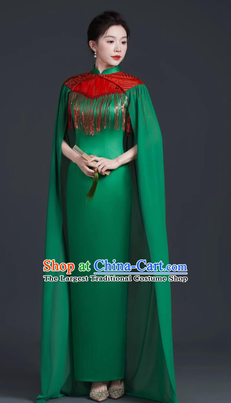 Chinese Style Banquet Evening Gown Stage Performance Qipao Green Long Cape Dress