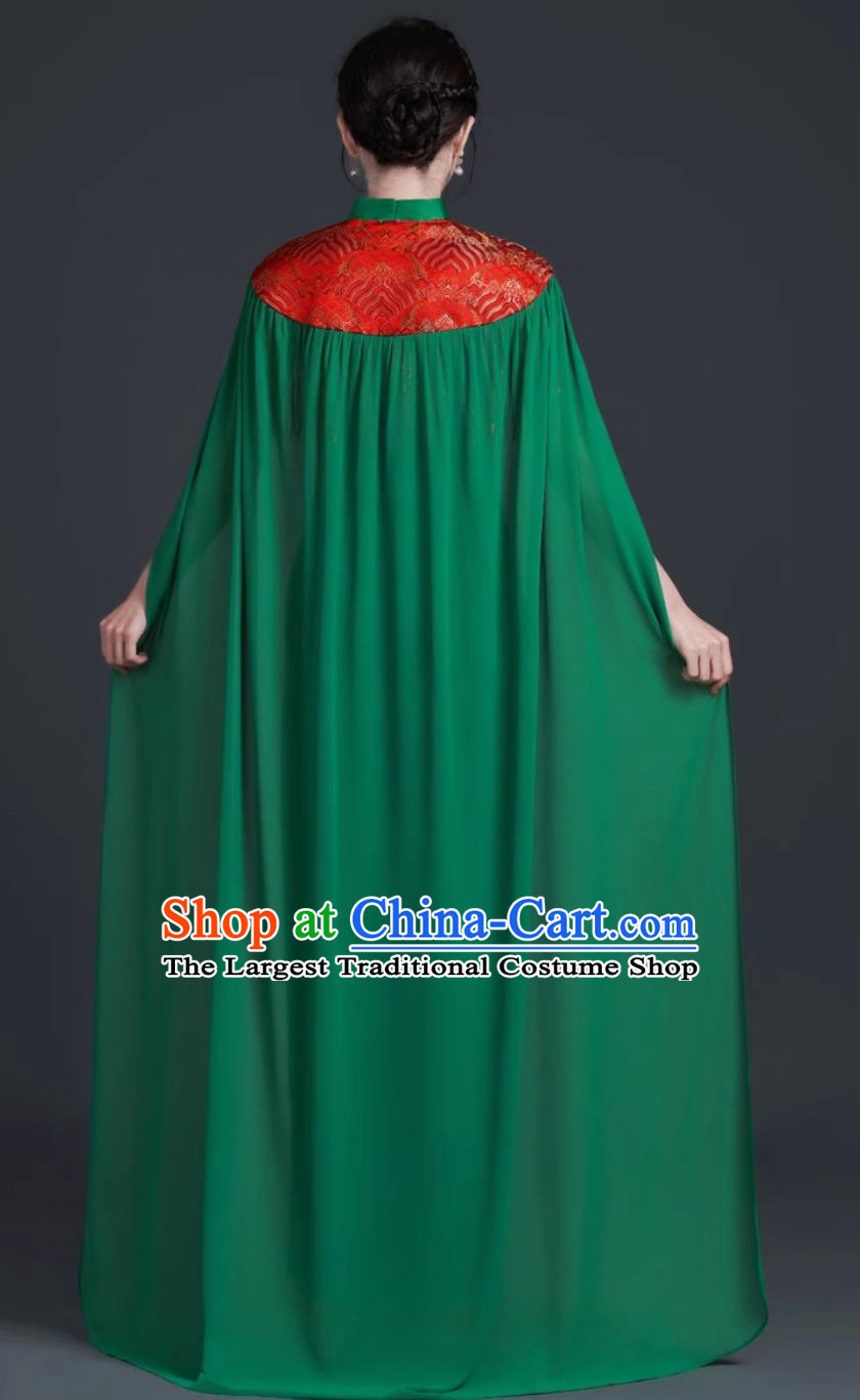Chinese Style Banquet Evening Gown Stage Performance Qipao Green Long Cape Dress