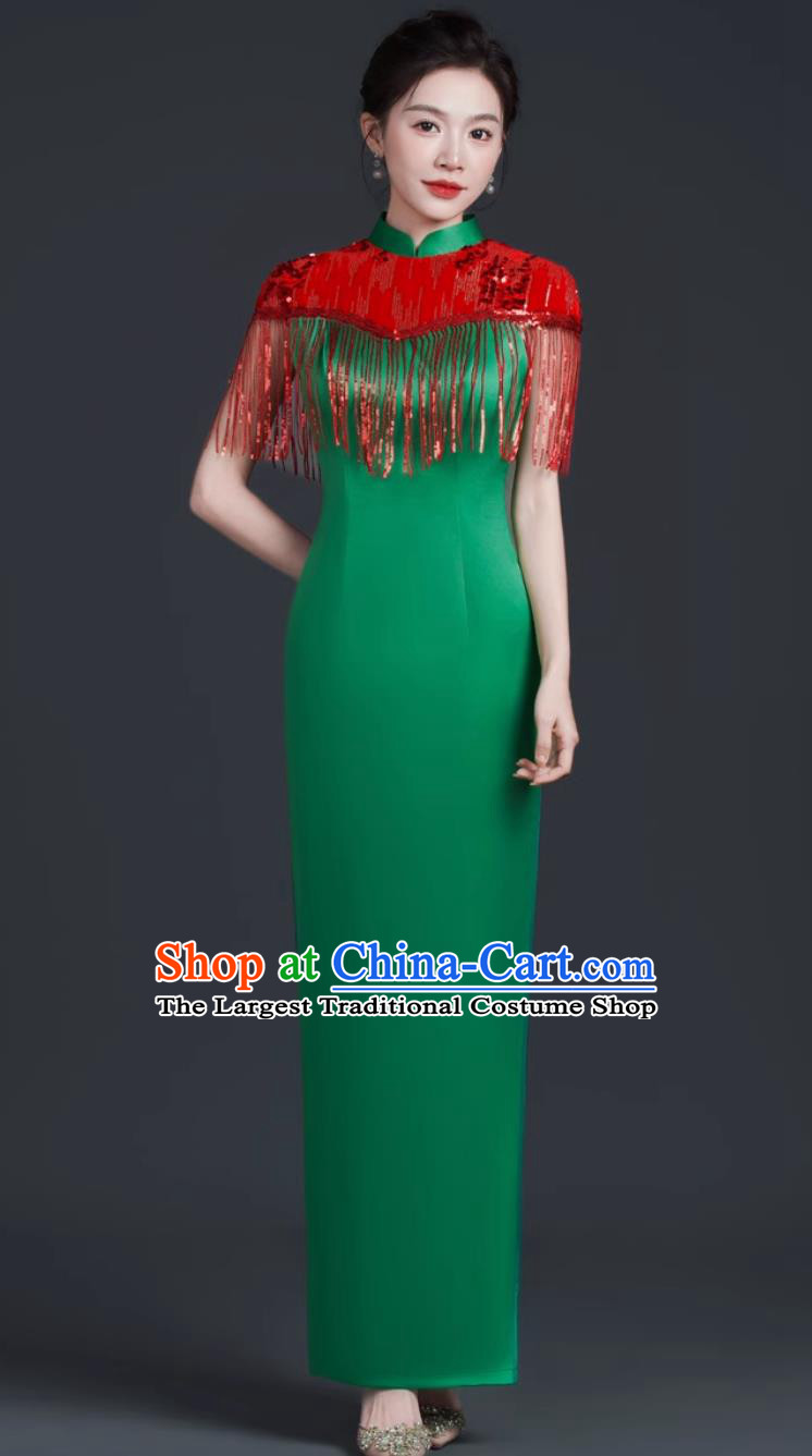 Chinese Style Banquet Evening Gown Stage Performance Qipao Green Long Cape Dress