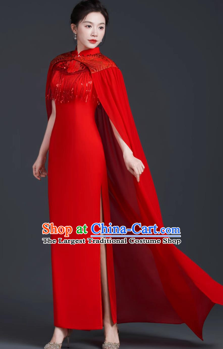 Chinese Style Red Long Cape Dress Banquet Evening Gown Stage Performance Qipao