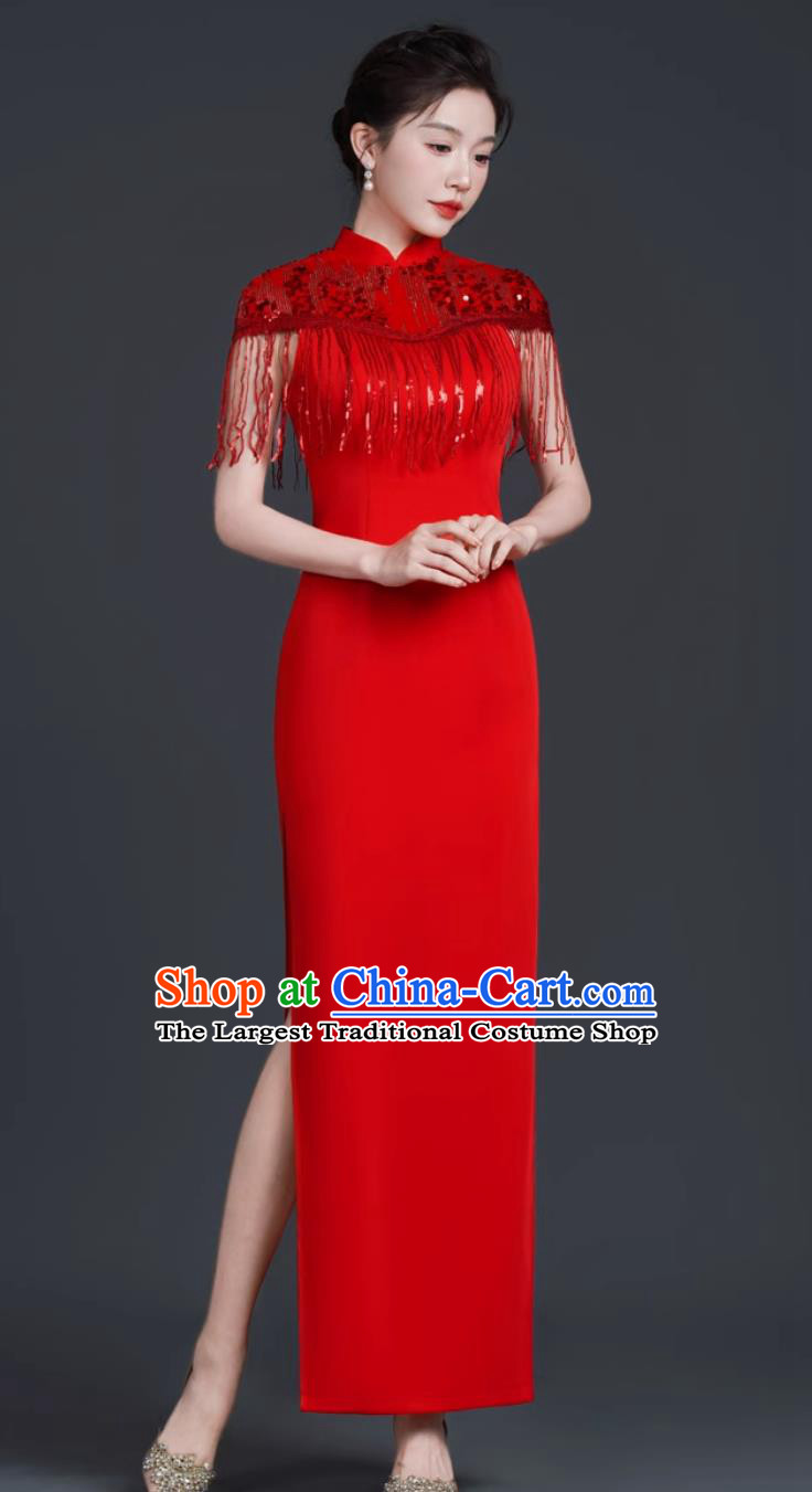 Chinese Style Red Long Cape Dress Banquet Evening Gown Stage Performance Qipao