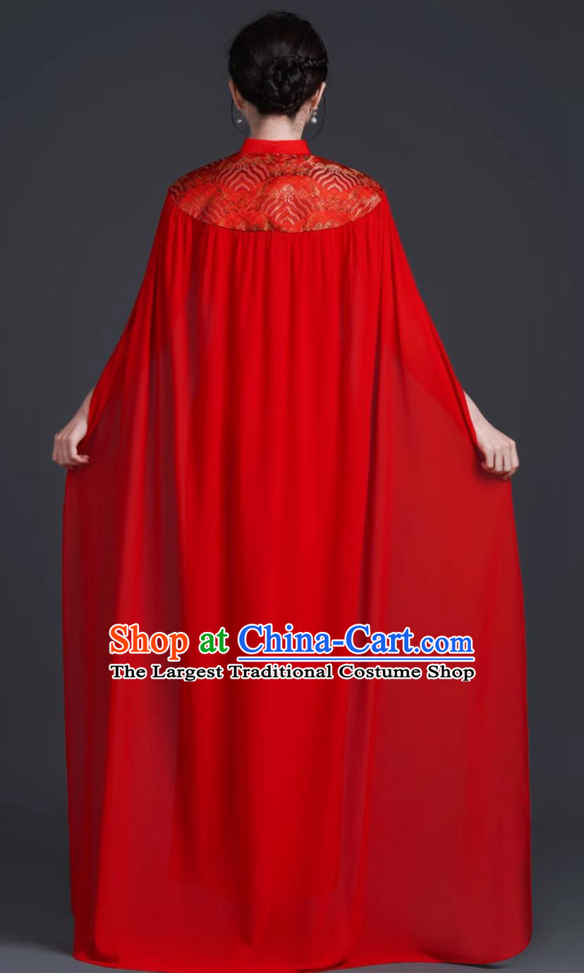 Chinese Style Red Long Cape Dress Banquet Evening Gown Stage Performance Qipao